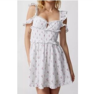 For Love And Lemons White With Delicate Pink Roses Smocked Mini Dress Sz XS